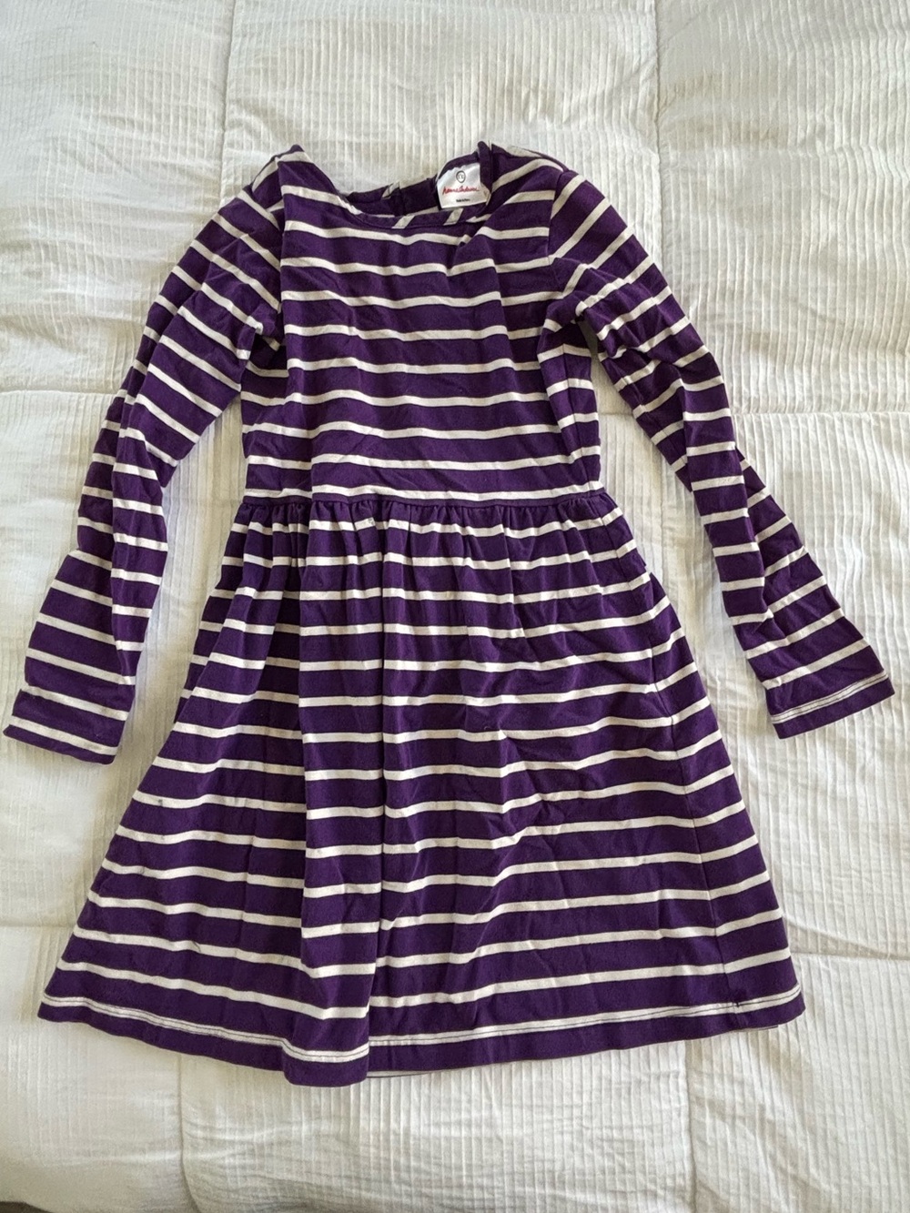 Hanna Andersson Purple & White Striped Long-Sleeve Dress Twirl Knit Sz 130 (7/8)